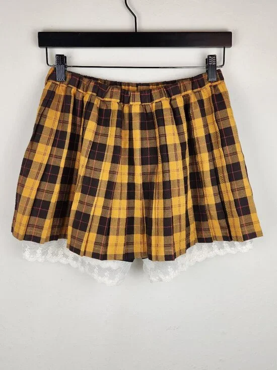 Cupop Japan Yellow Brown Plaid Lace Trim Pleated Mini Skirt Skort sz M - Picture 2 of 11